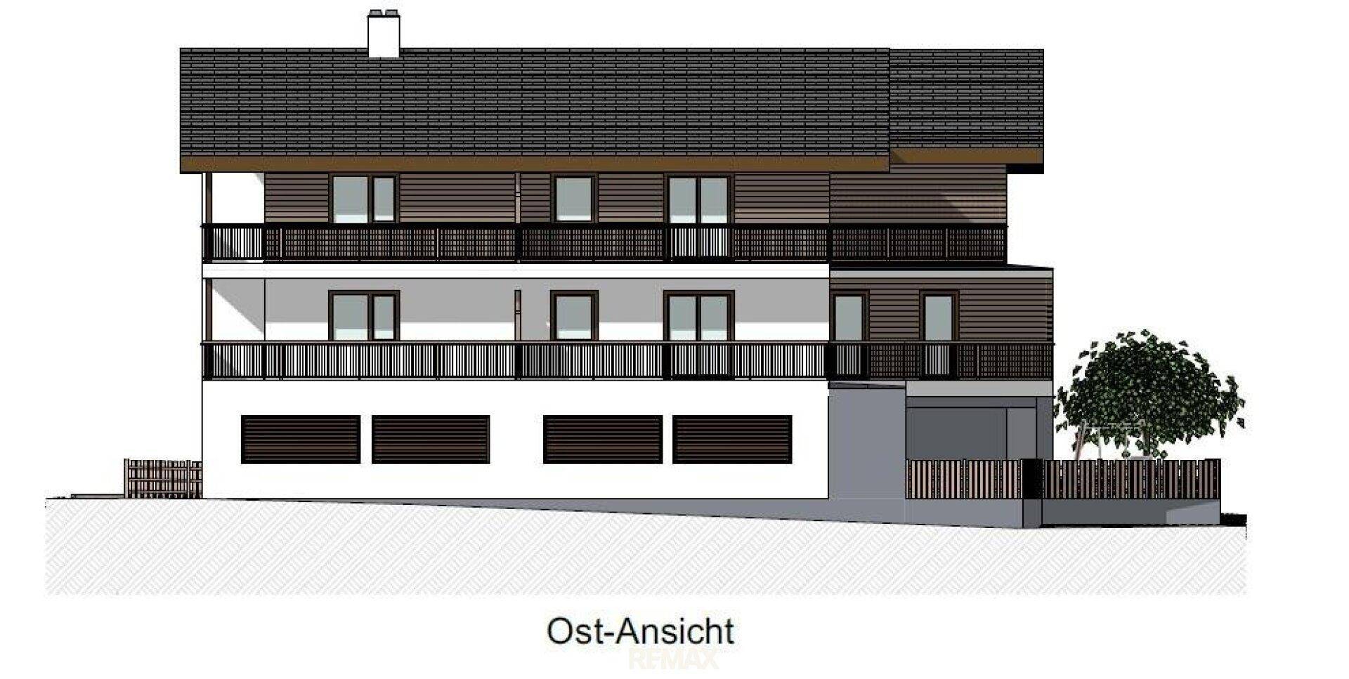 Ost-Ansicht des Gebäudes mit Holzfassade und Balkonen, detailliert die Seitenansicht.