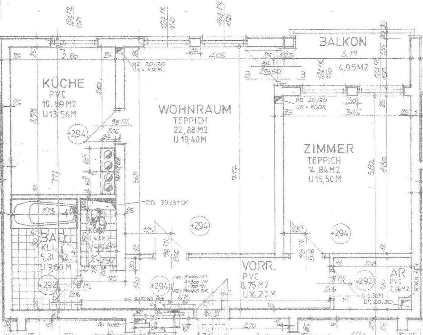 Grundriss der Wohnung mit Küche, Wohnraum, Zimmer, Bad, WC und Balkon.
