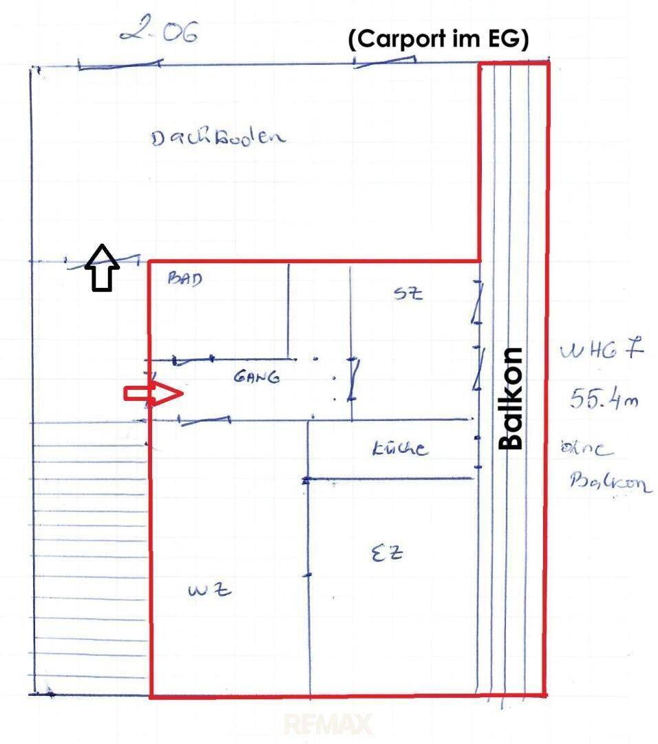 Handgezeichneter Grundriss des Dachgeschosses mit Balkon, Bad und Schlafzimmer.