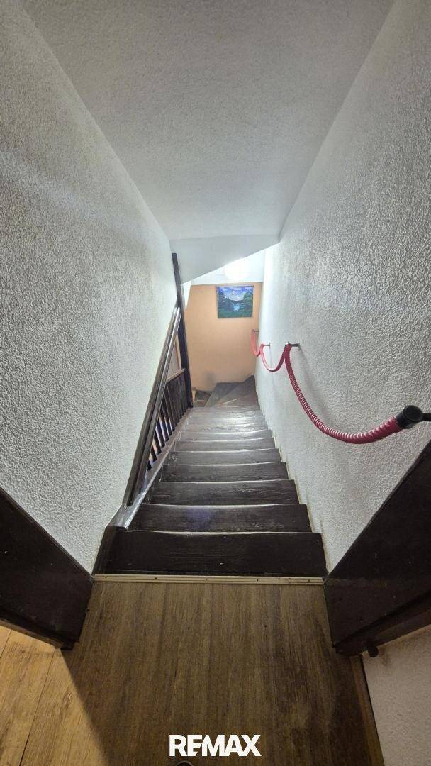 Geräumiges Treppenhaus mit dunklen Holzstufen und hellem Wandputz.