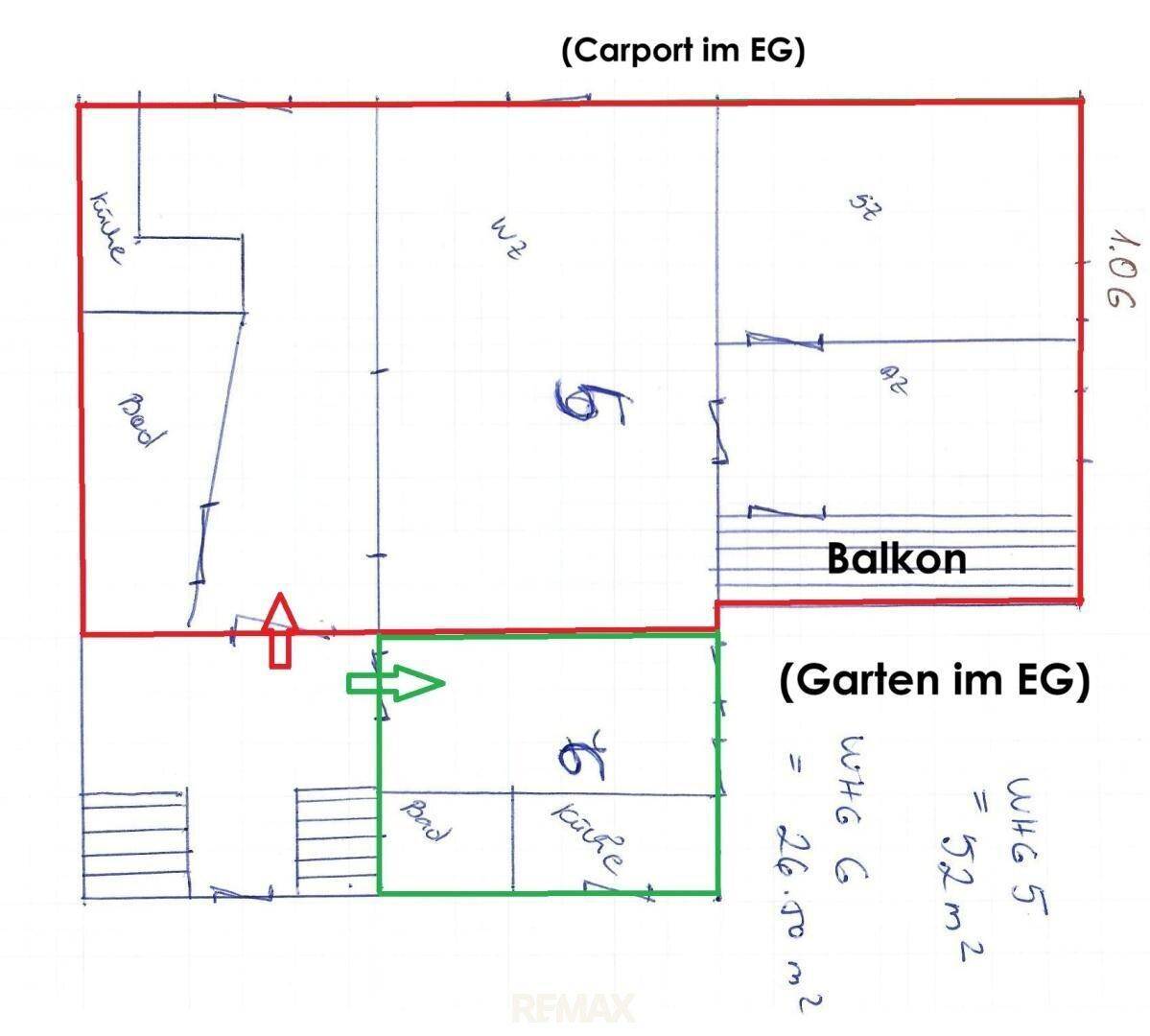 Handgezeichneter Grundriss mit Carport, Garten und Balkon im Erdgeschoss.