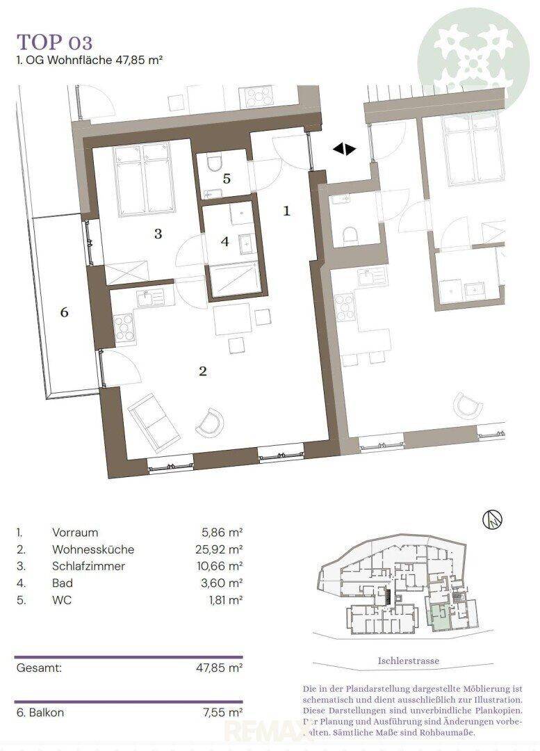 Grundriss der Wohnung TOP 03 mit Wohnküche, Schlafzimmer und Balkon.