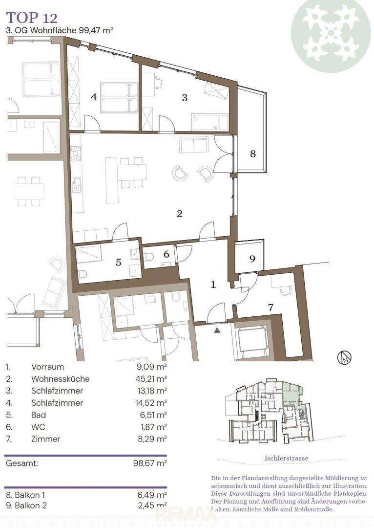 Grundriss der Wohnung TOP 12 mit Wohnküche, mehreren Schlafzimmern und zwei Balkonen.