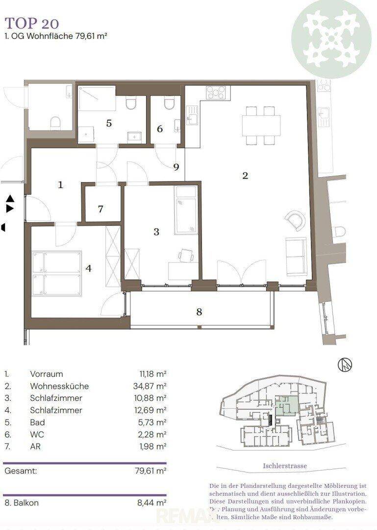 Grundriss der Wohnung TOP 20 mit Wohnküche, Schlafzimmern und Balkon.
