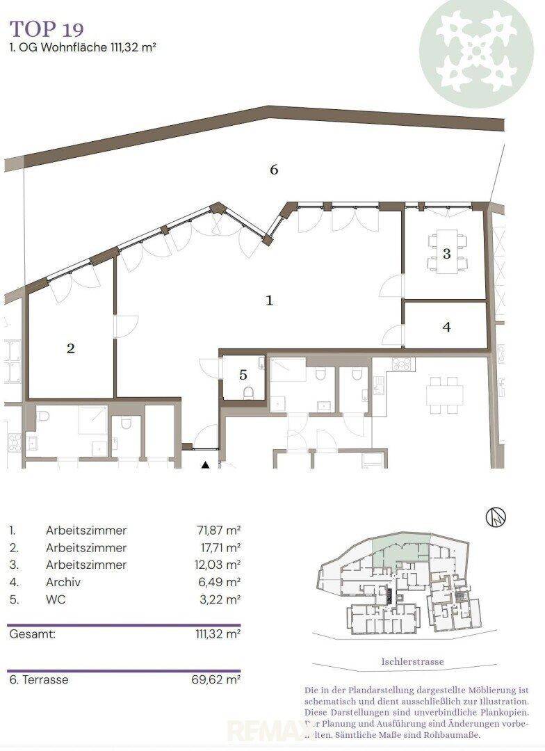Grundriss der Einheit TOP 19 mit Arbeitszimmern, Archiv und großer Terrasse.