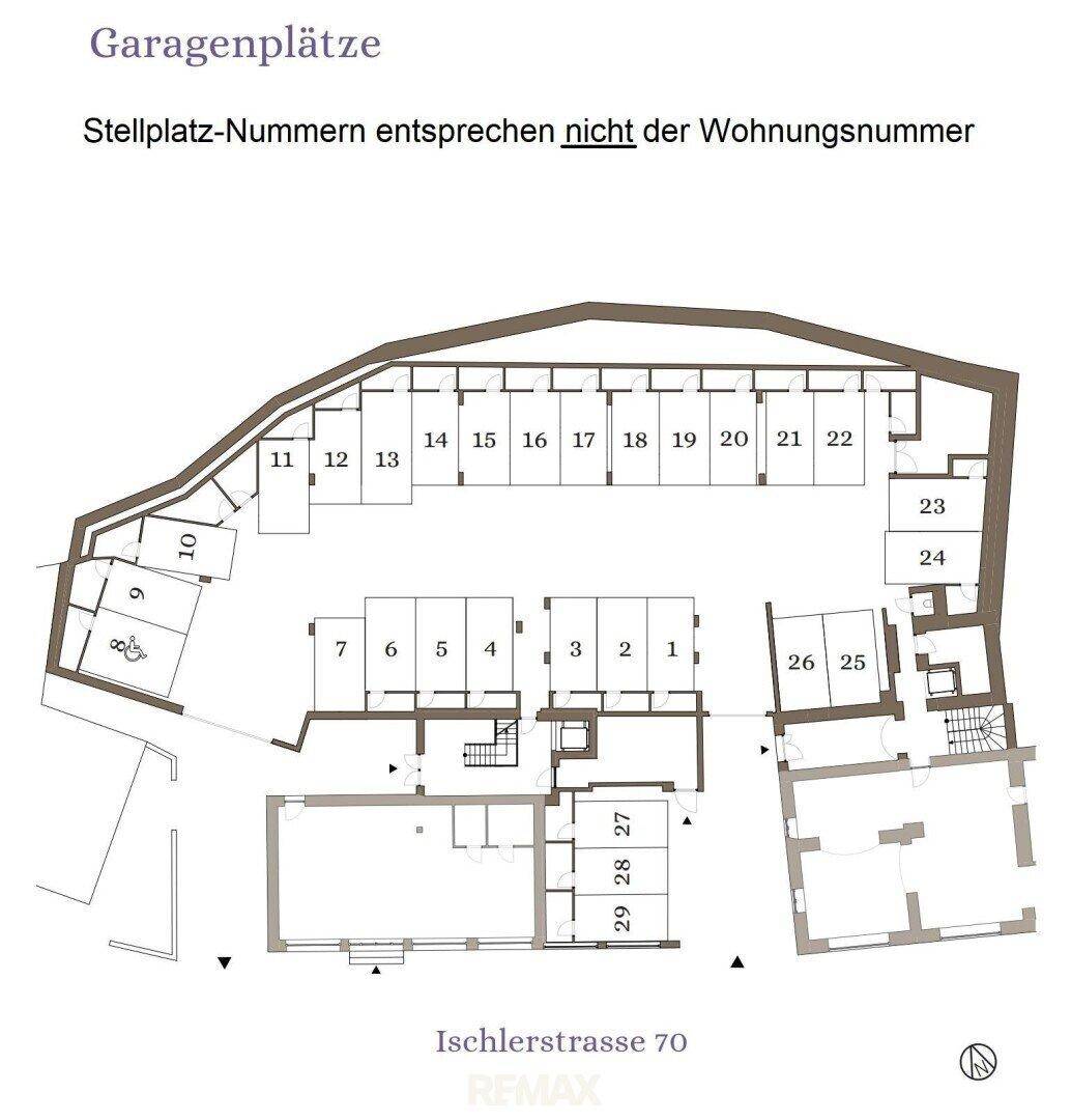 Grundrissplan der Garagenplätze im Untergeschoss des Gebäudes.