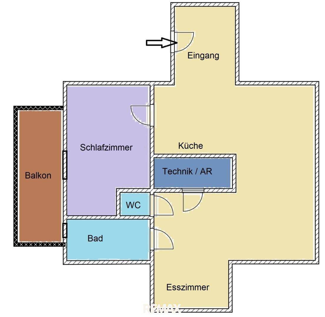 Detaillierter Grundriss einer Wohnung mit Schlafzimmer, Bad, WC, Küche und Balkon.