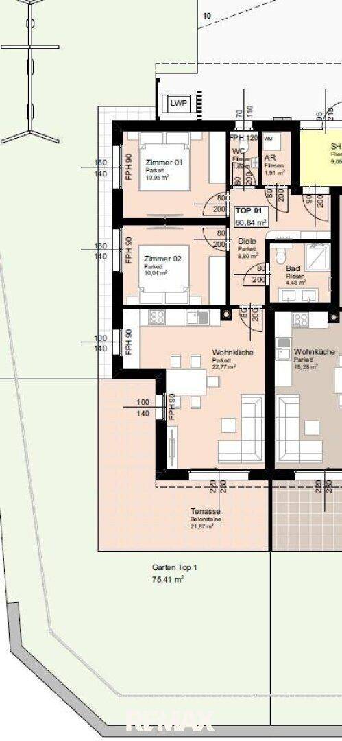 Detaillierter Grundriss einer Wohneinheit mit zwei Schlafzimmern, offener Wohnküche, Bad, WC, Terrasse und Garten.