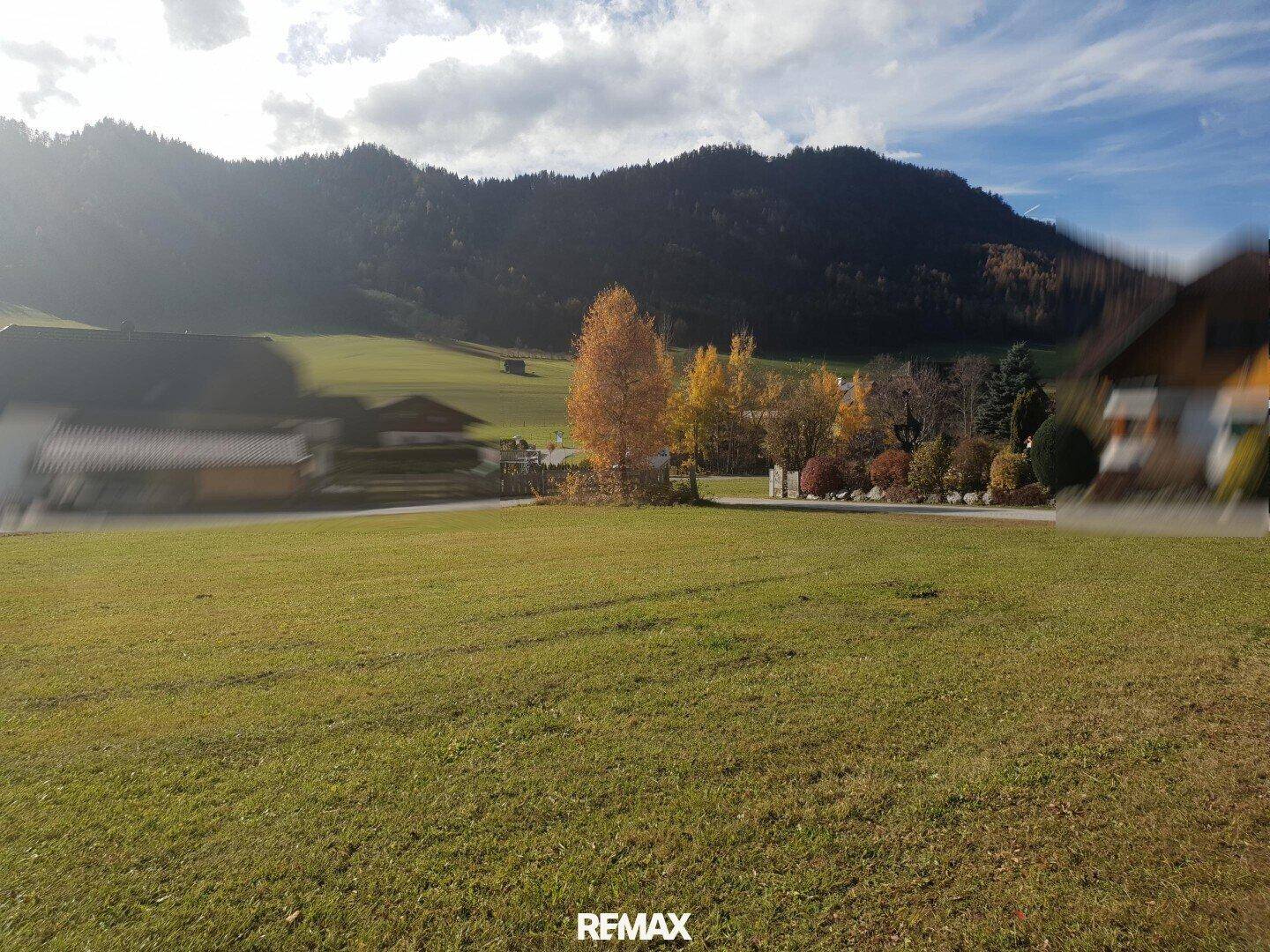Grüne Wiese mit ländlicher Bebauung und bewaldeten Hügeln im Hintergrund an einem sonnigen Tag.