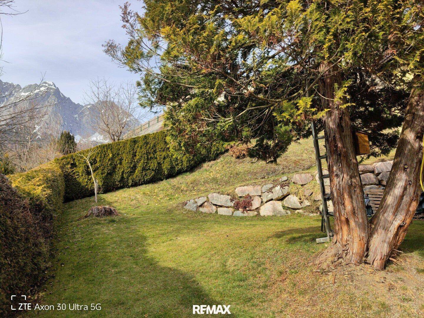 Grüner Gartenbereich mit Bäumen, Hecke und Blick auf die umliegende Berglandschaft.