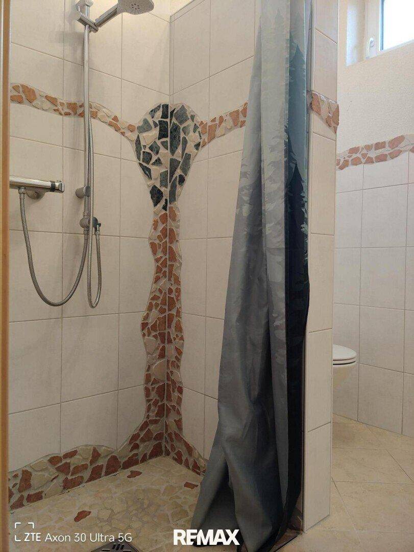 Duschbereich mit dekorativen Mosaikfliesen und einem Duschvorhang.