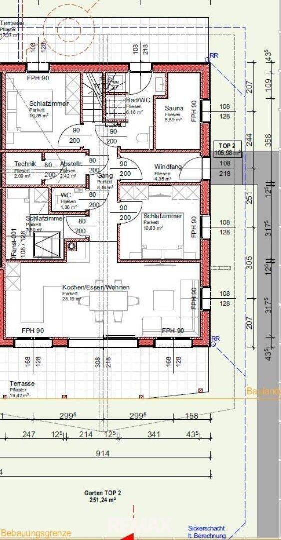 Grundriss des Erdgeschosses mit offenem Wohnbereich, Schlafzimmern, Sauna und Terrasse.