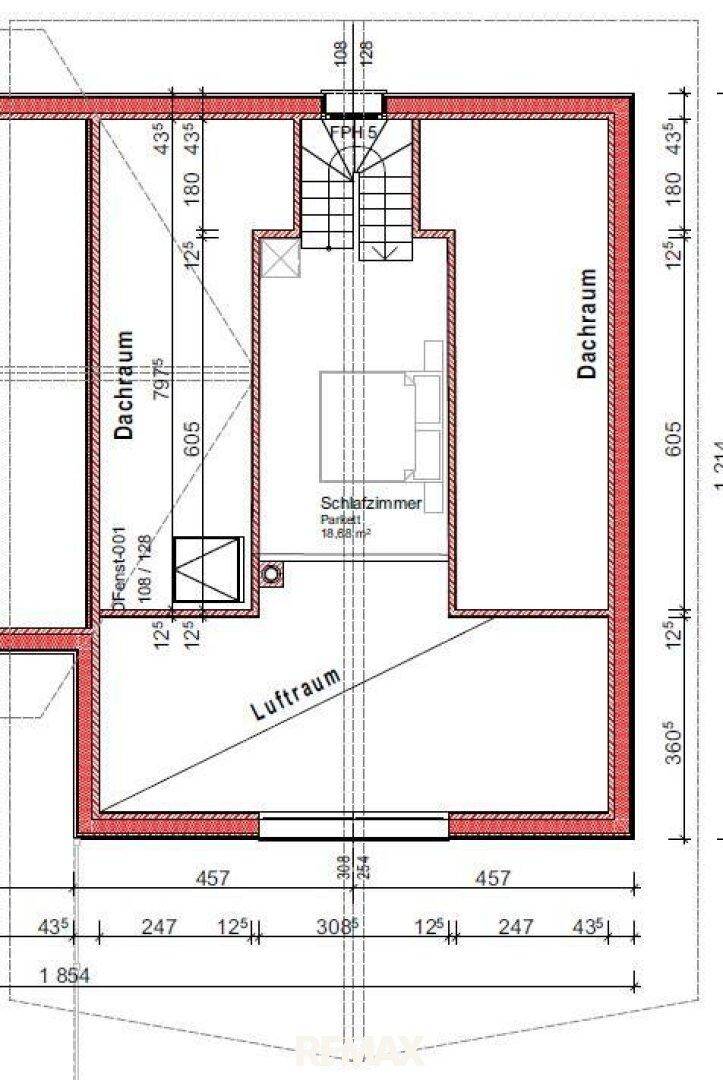 Grundriss des Obergeschosses mit Schlafzimmer und Dachraum, der eine offene Galerie andeutet.