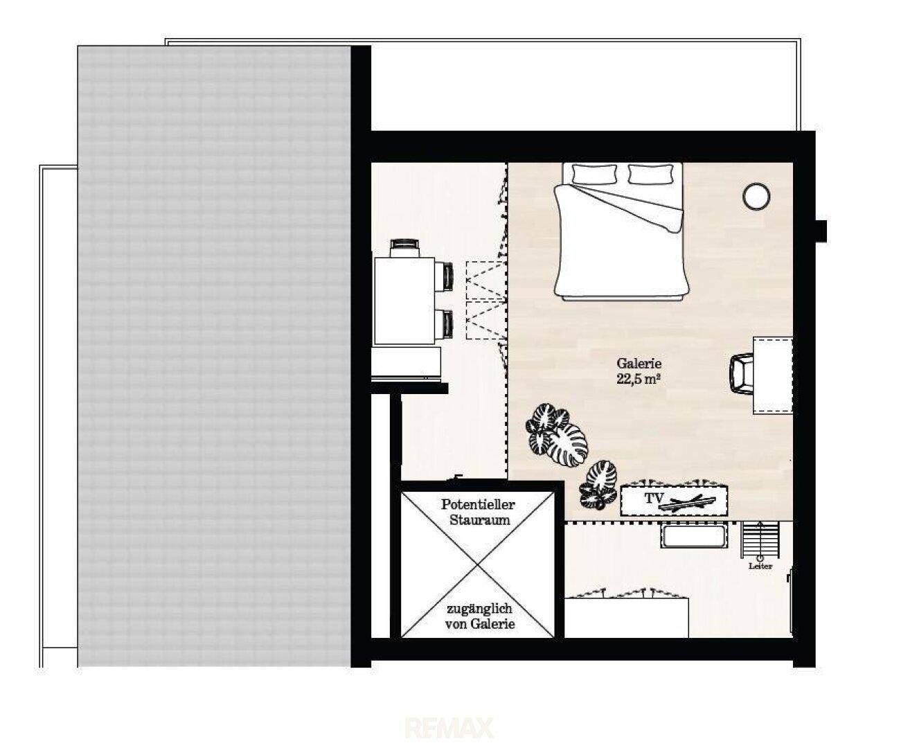 Grundriss eines Schlafzimmers mit Galerie, Stauraum und einer Fläche von 22,5 m².