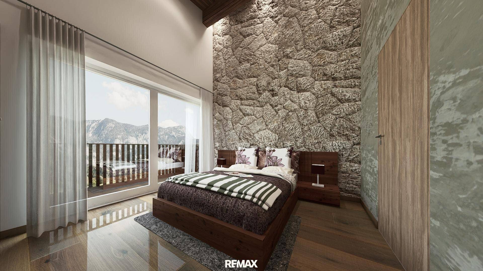 Helles Schlafzimmer mit rustikaler Steinwand, Holzbalkendecke und großem Fenster mit Bergblick.