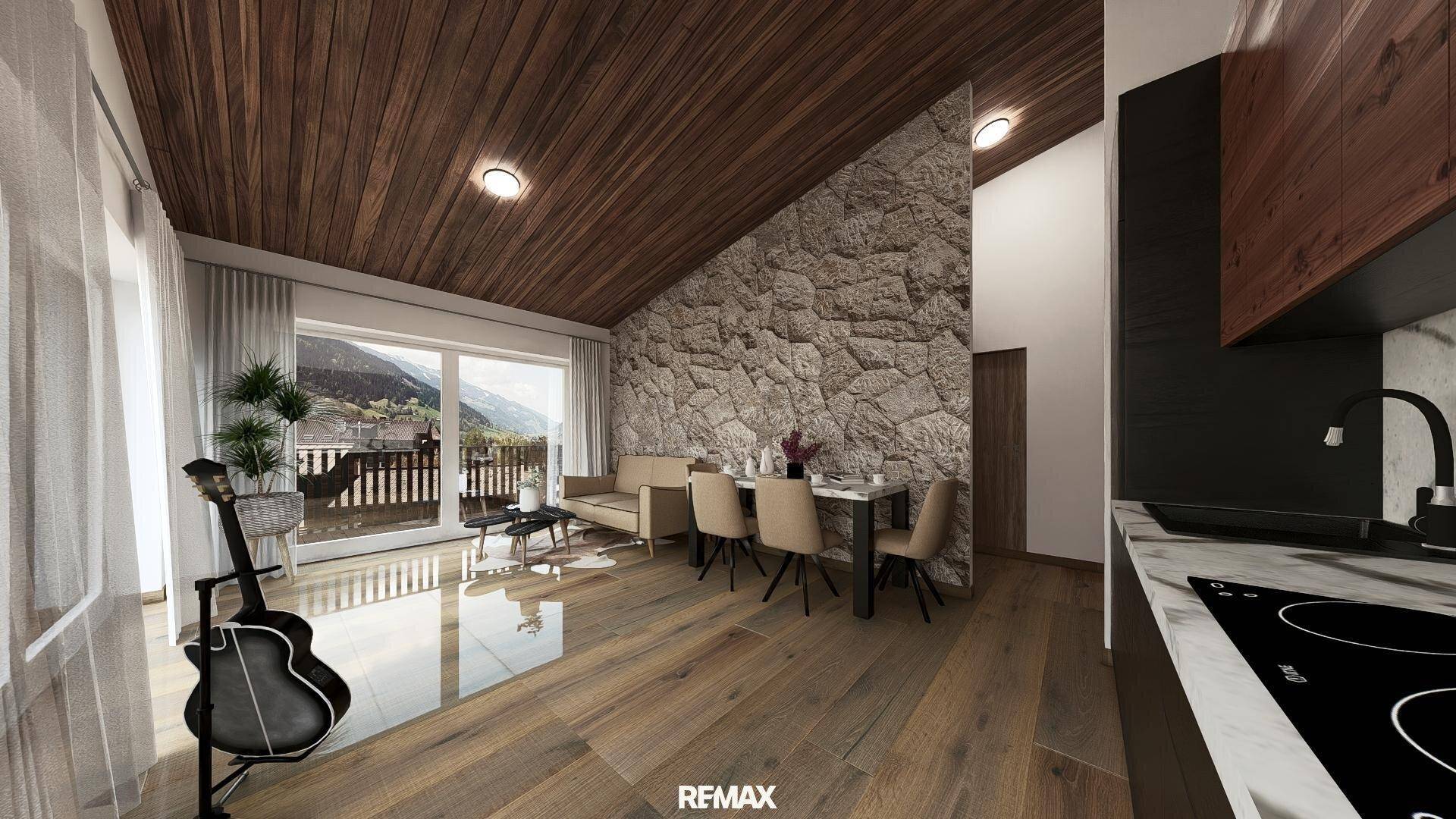 Heller Wohn- und Essbereich mit Holzboden, Steinwand und großzügigem Zugang zu einem Balkon mit Bergblick.