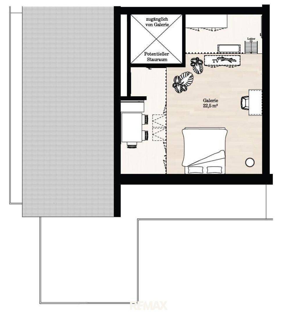 Grundrissplan eines Schlafzimmers mit Galerie und potentiellem Stauraum, bietet flexible Nutzungsmöglichkeiten.