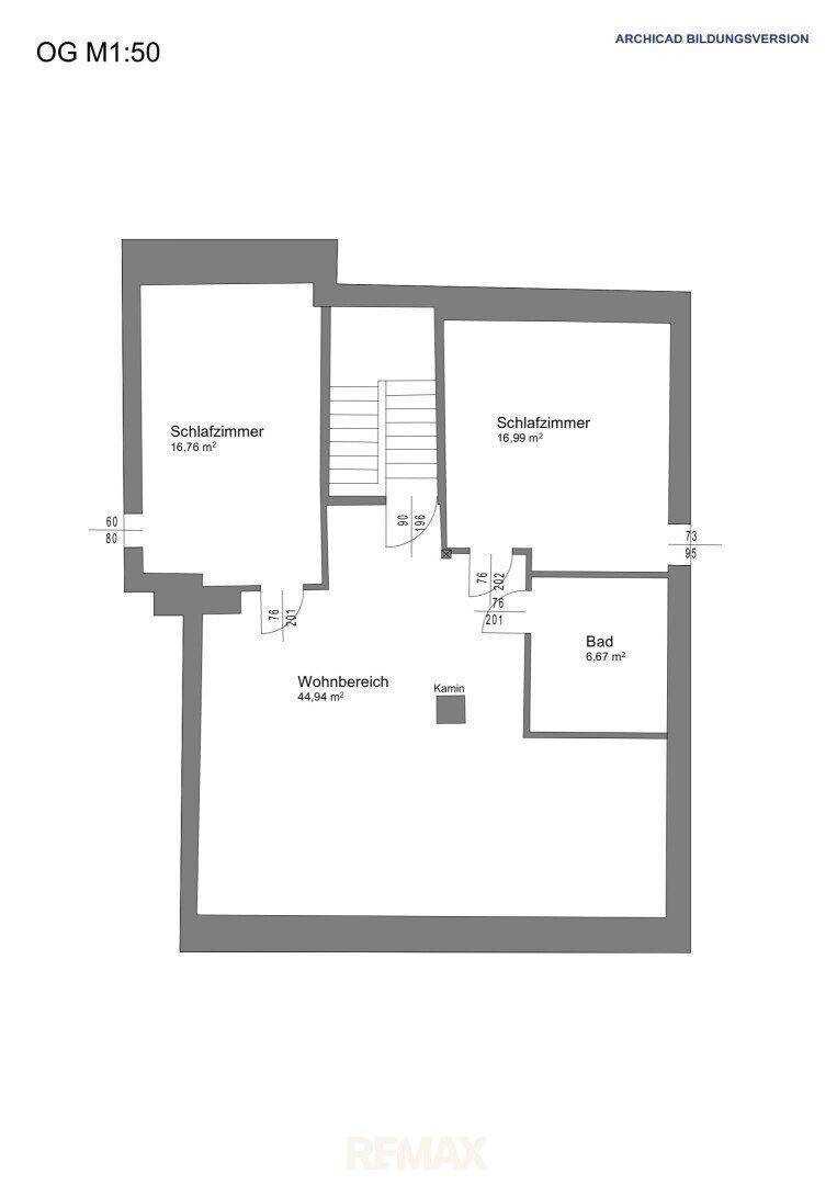Grundriss des Obergeschosses mit zwei Schlafzimmern, Bad und offenem Wohnbereich.