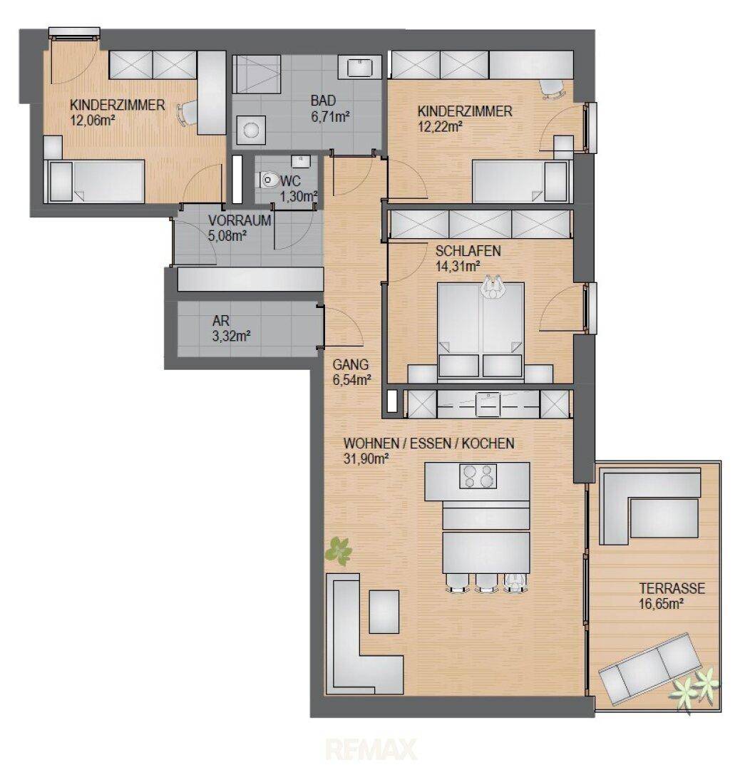 Detaillierter Grundriss einer Wohnung mit offenem Wohn-Essbereich, Schlafzimmern und Terrasse.