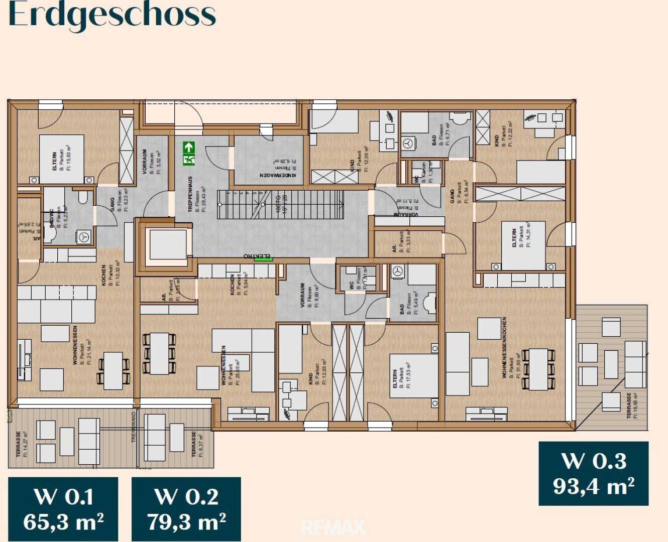 Erdgeschoss-Grundriss mit mehreren Wohneinheiten, Terrassen und Gärten.