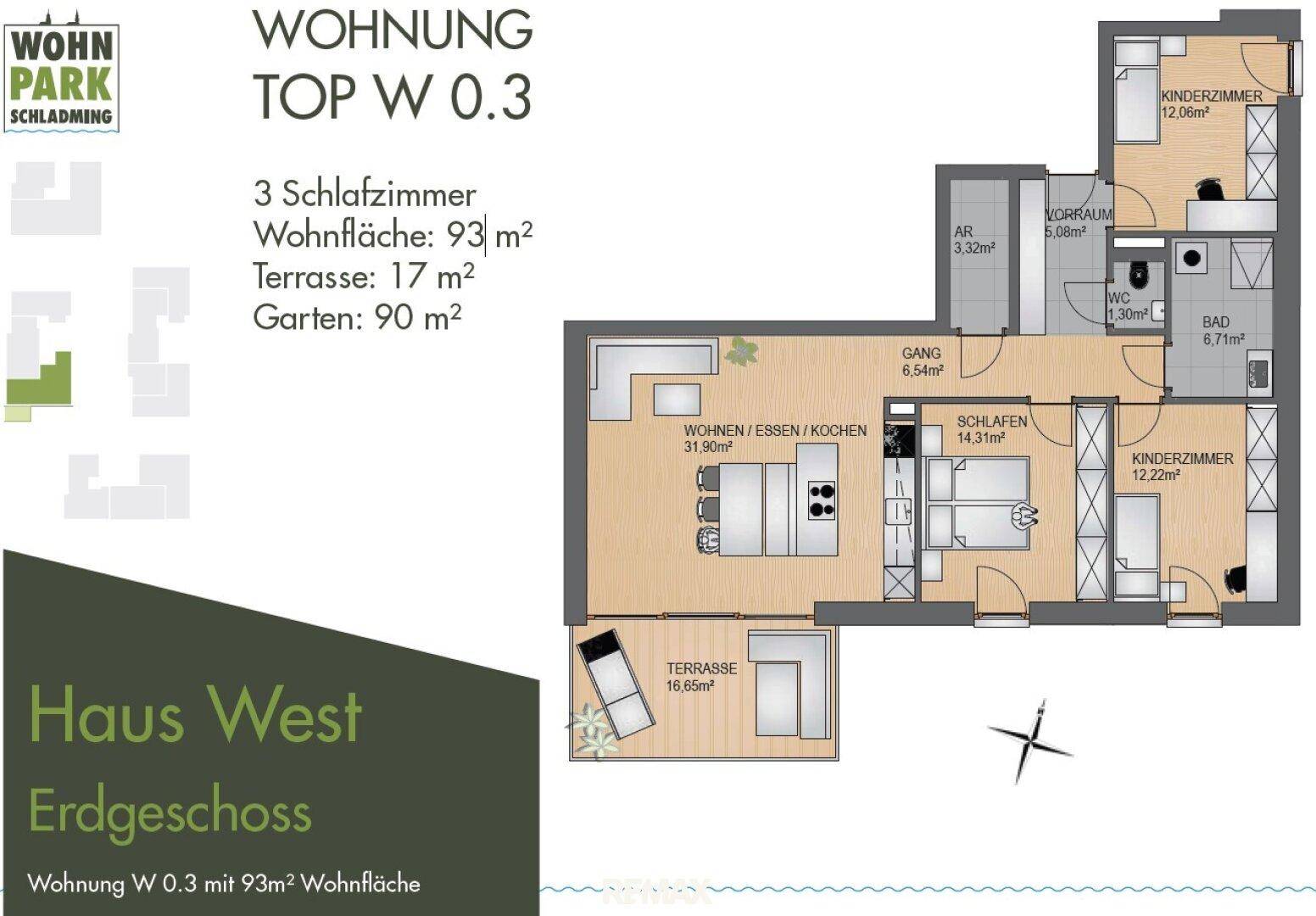 Grundriss der Wohnung W 0.3 mit drei Schlafzimmern, offenem Wohnbereich und Terrasse.