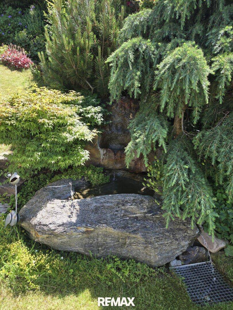 Kleiner Gartenteich mit Felsen und üppiger Bepflanzung, schafft eine beruhigende Atmosphäre.