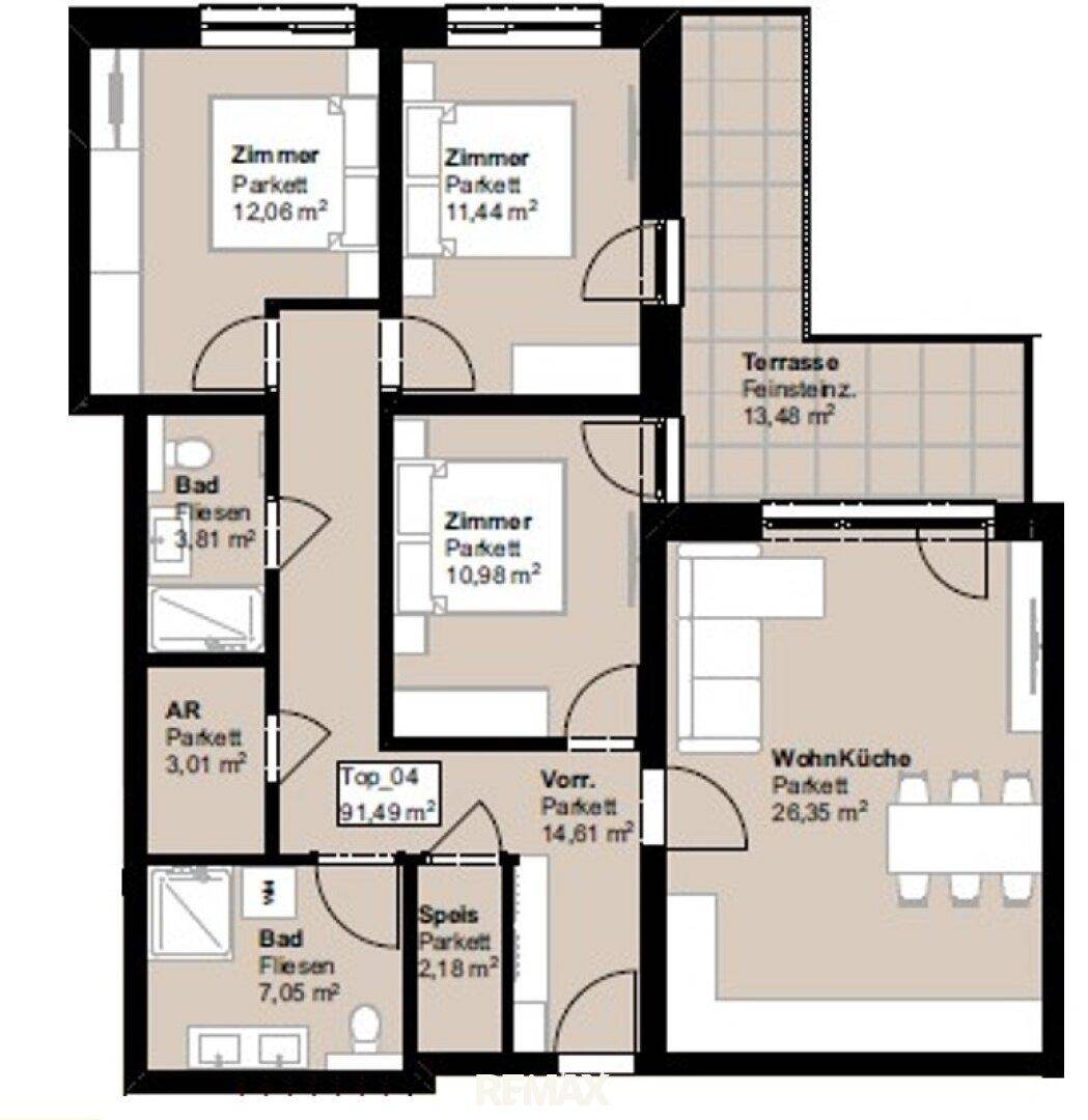 Detaillierter Grundriss einer Wohnung mit drei Zimmern, zwei Bädern und Terrasse.
