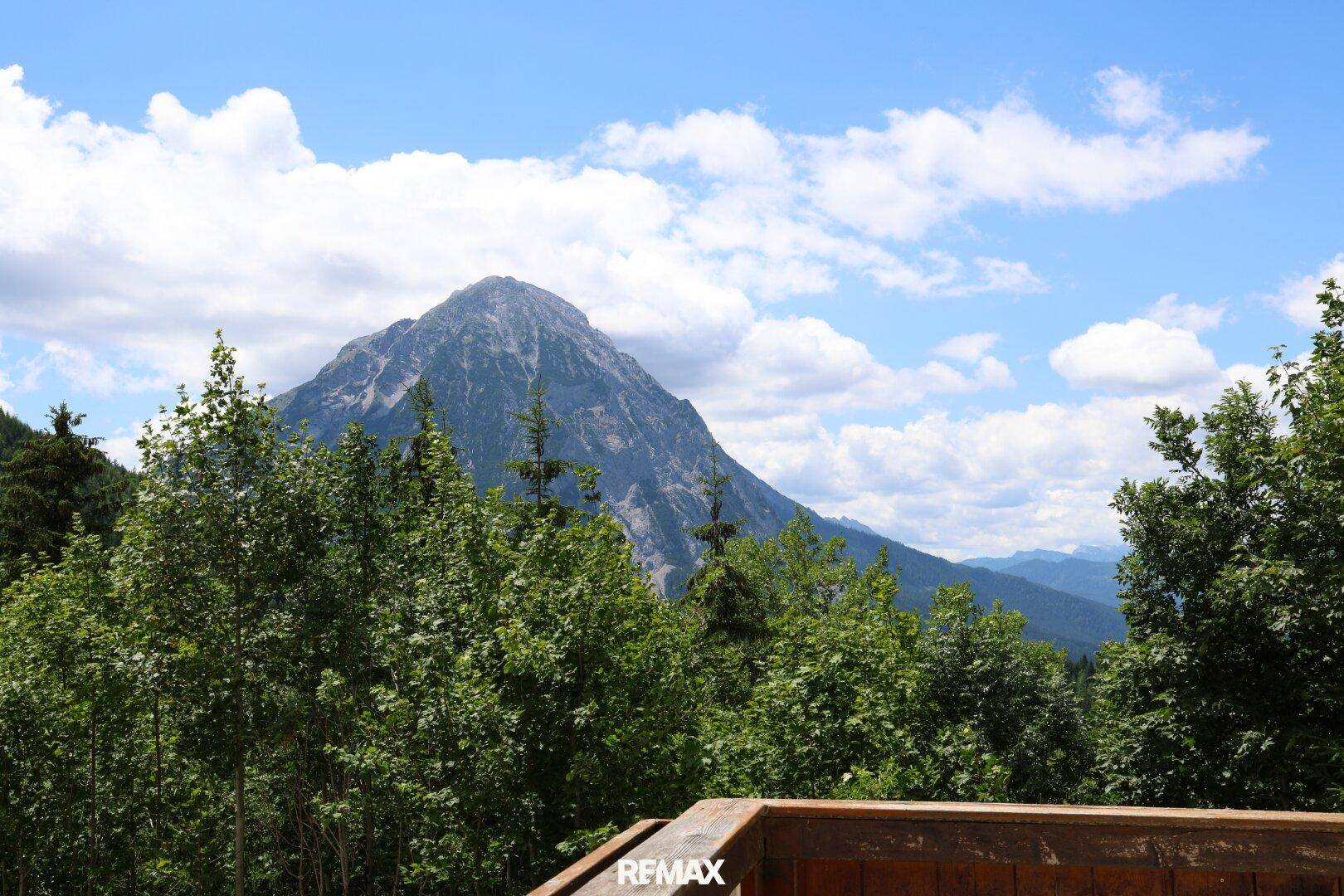 Panoramablick auf die majestätischen Berge und üppige grüne Bäume unter einem strahlend blauen Himmel.