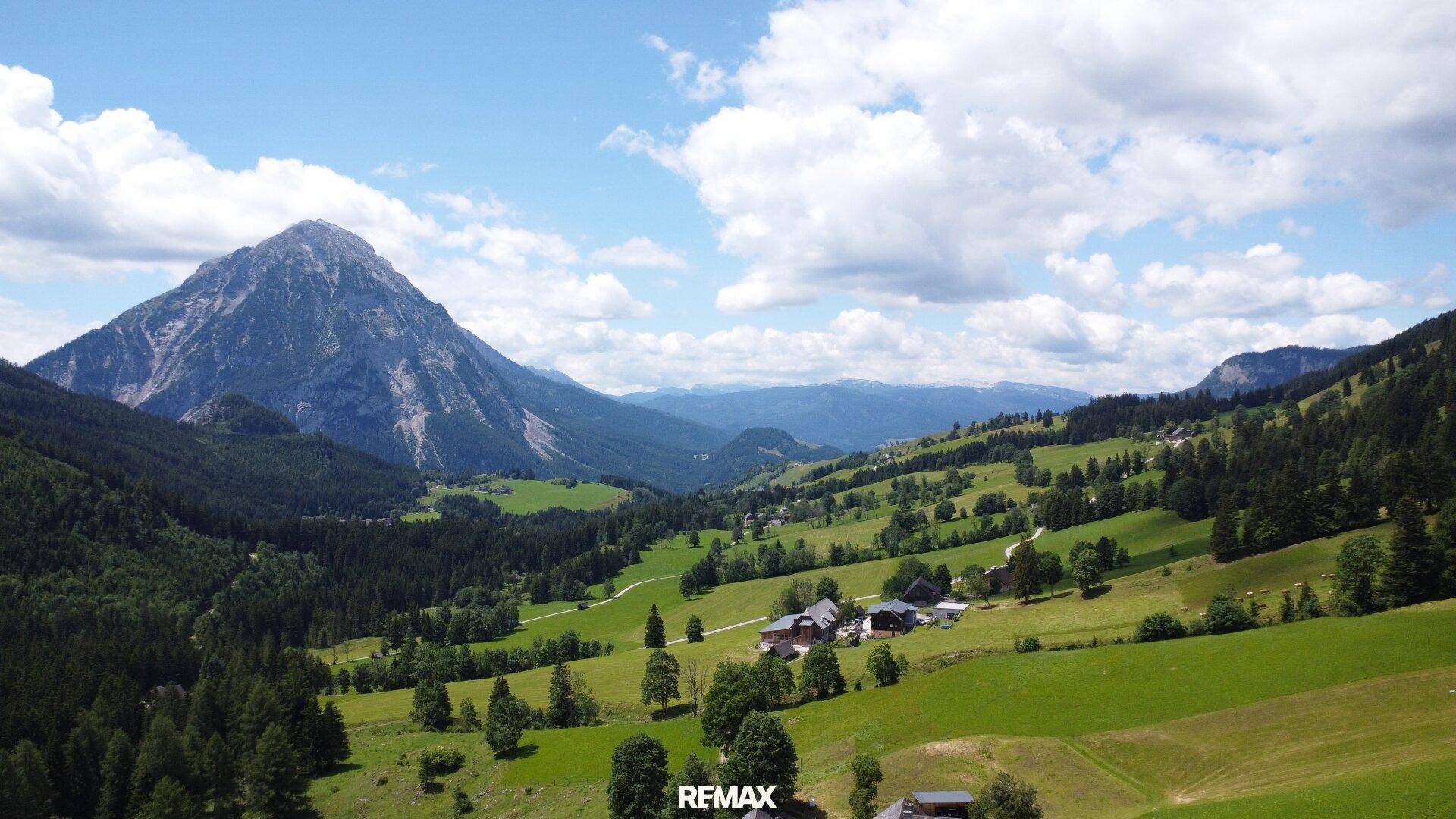 Weitläufige Landschaft mit grünen Hügeln, Wäldern und einem imposanten Berg im Hintergrund unter blauem Himmel.