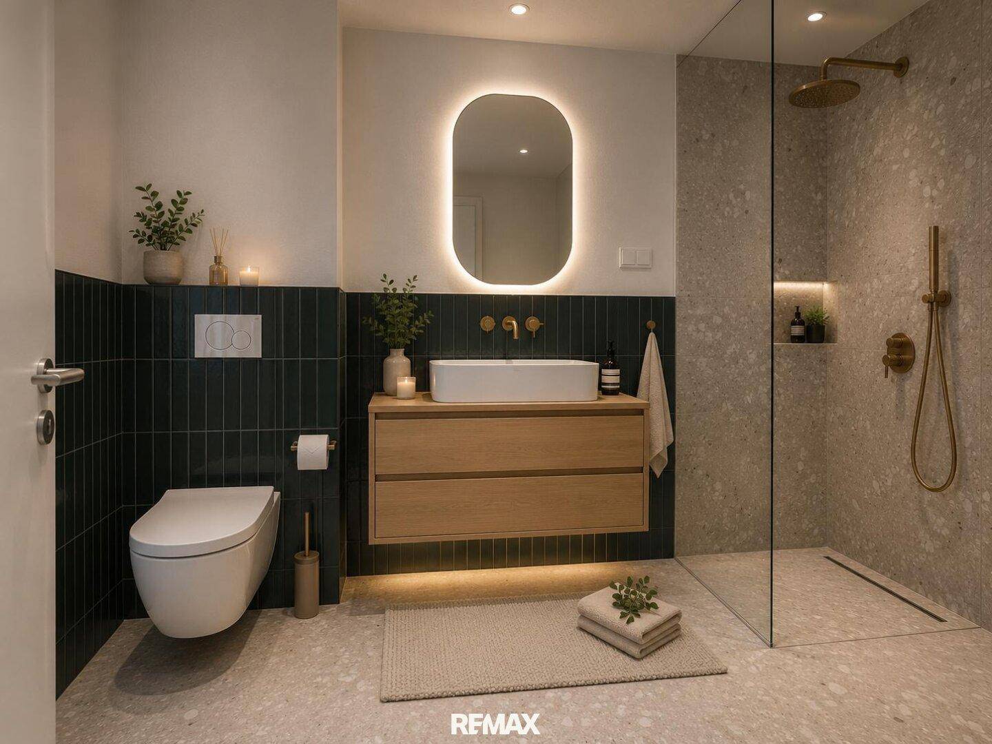 Elegantes Badezimmer mit Dusche, Waschtisch und modernem Design, ideal für Entspannung.