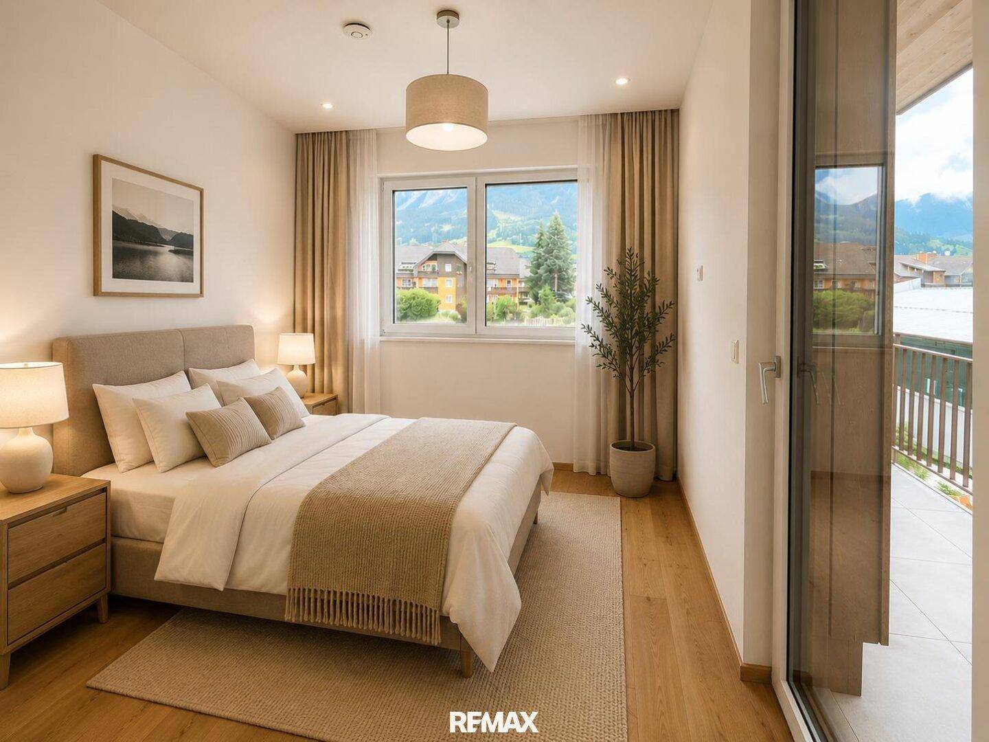 Helles Schlafzimmer mit Doppelbett, Holzboden und Zugang zu einem Balkon mit Bergblick.