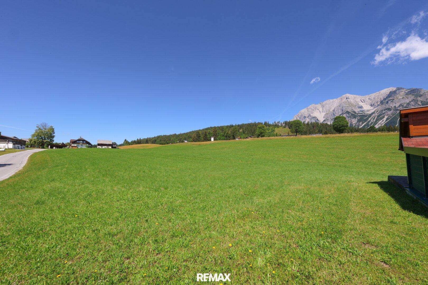 Sonnige grüne Wiesenfläche mit beeindruckendem Bergblick und klarem blauem Himmel.