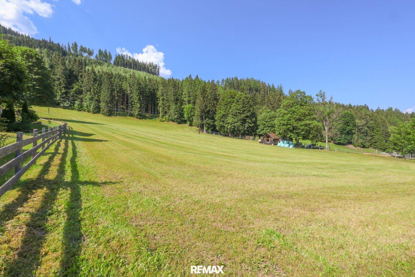 Eine idyllische Landschaft mit grünen Hügeln, Wäldern und einem Holzzaun unter blauem Himmel.