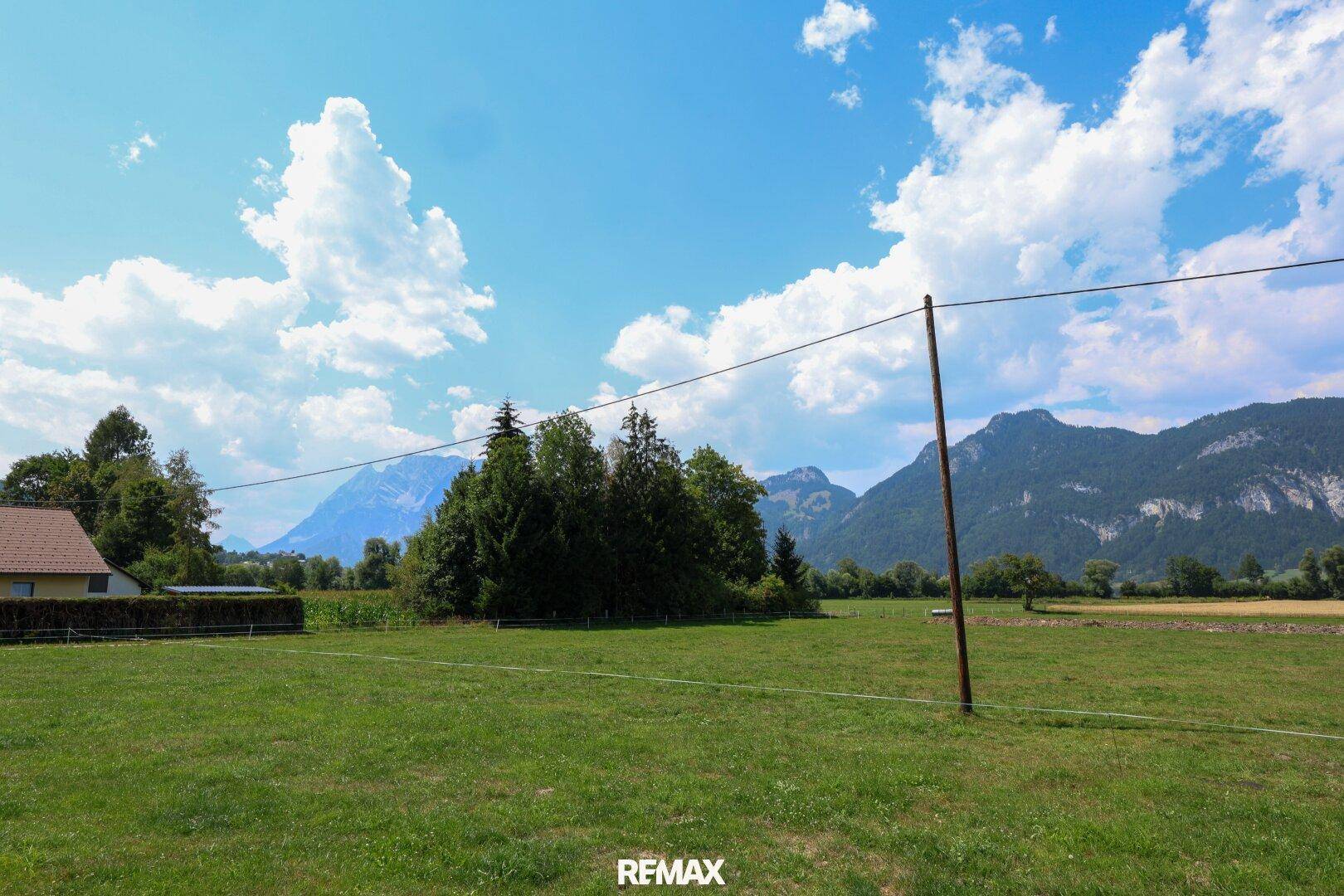 Weite grüne Wiesenfläche mit beeindruckendem Bergblick unter einem strahlend blauen Himmel.