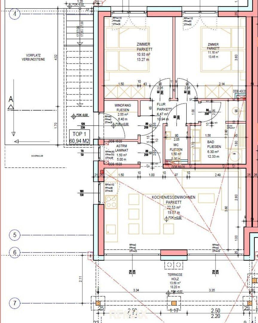 Grundriss der Wohnung Top 1 mit 60,94 m² Wohnfläche, Terrasse und Garten.