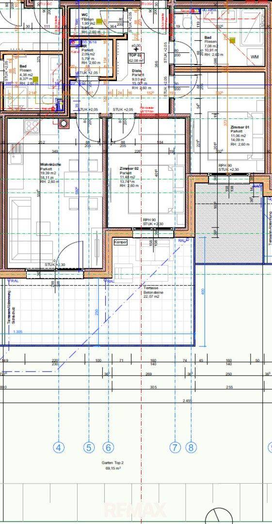Grundriss einer Wohnung mit offenem Wohnbereich, zwei Schlafzimmern, Bad, separatem WC, Abstellraum, Terrasse und Garten.