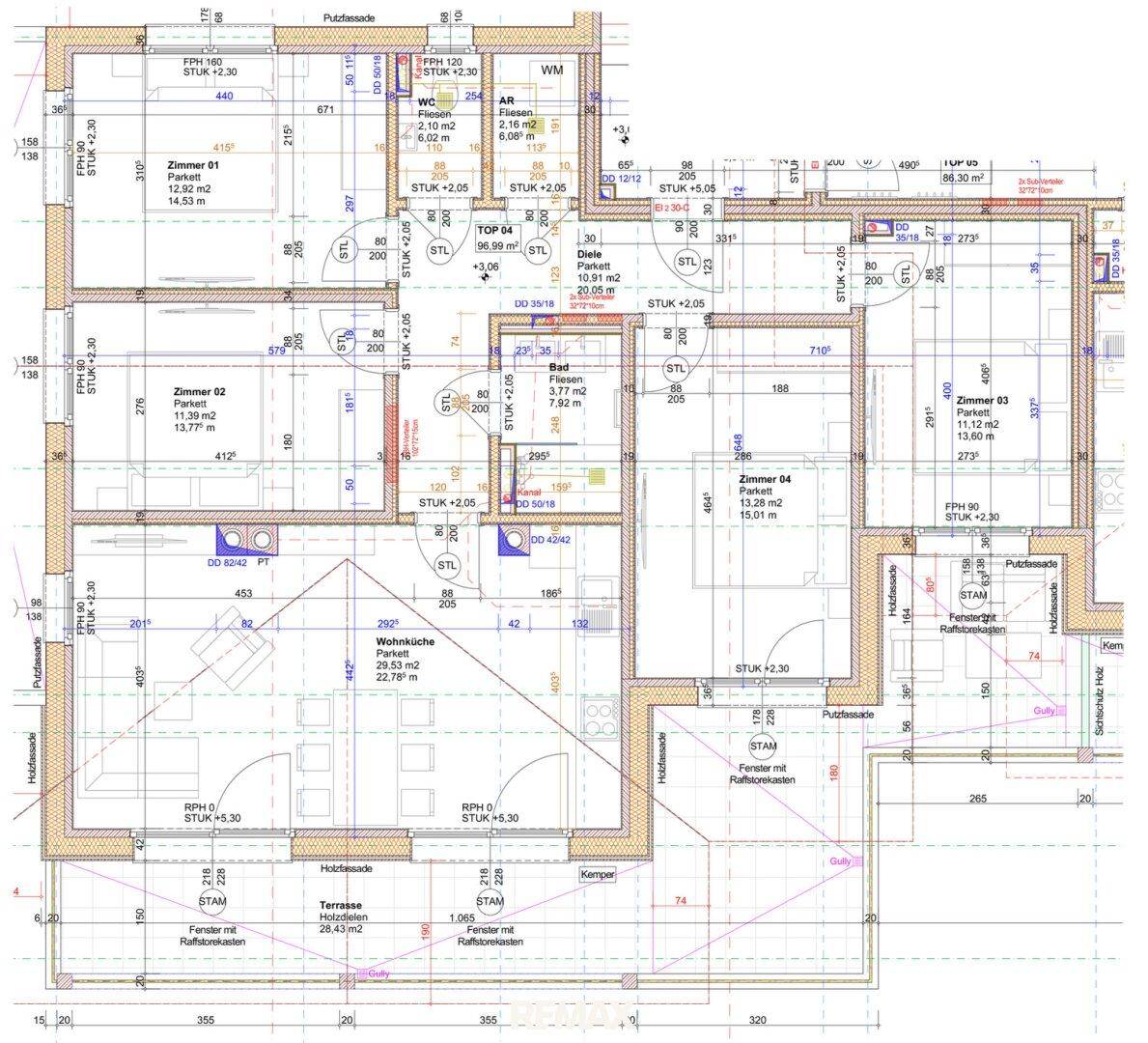 Detaillierter Grundriss einer Wohnung mit offener Wohnküche, vier Zimmern, Bad, separatem WC und großer Terrasse.