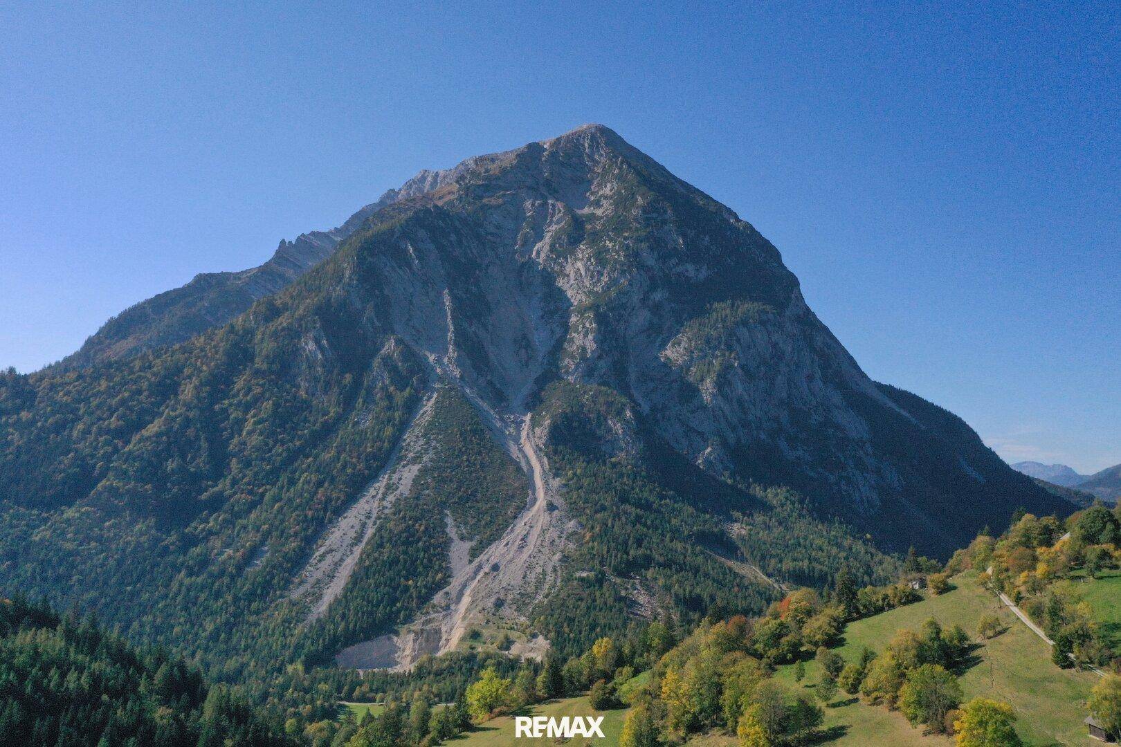 Majestätischer Bergblick mit grünen Wäldern unter einem klaren blauen Himmel.