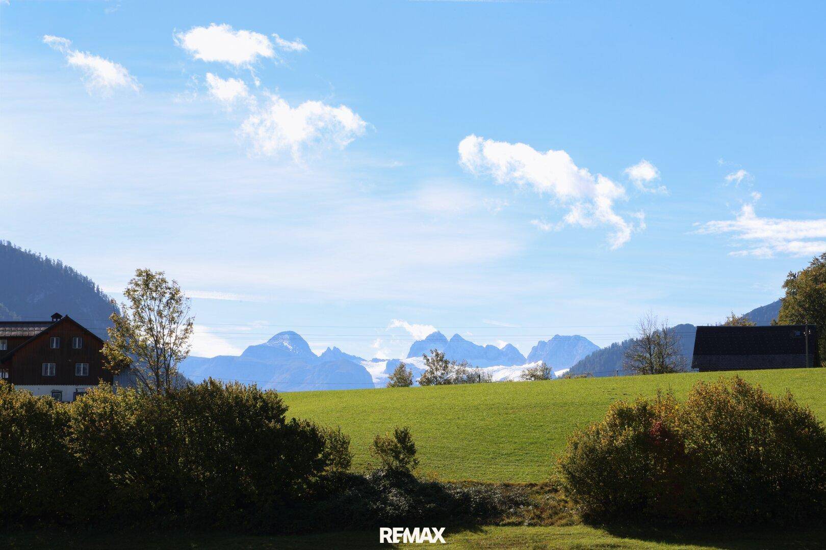 Weitläufige grüne Wiesen mit Blick auf majestätische Berge und einen klaren blauen Himmel.