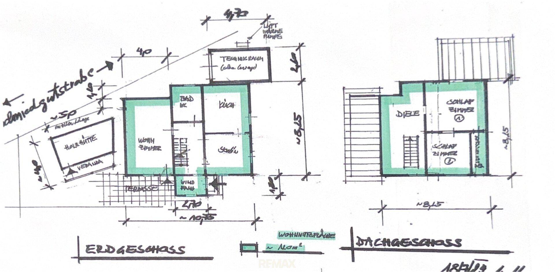 Handgezeichneter Grundriss des Erdgeschosses und Dachgeschosses mit funktionaler Raumaufteilung.