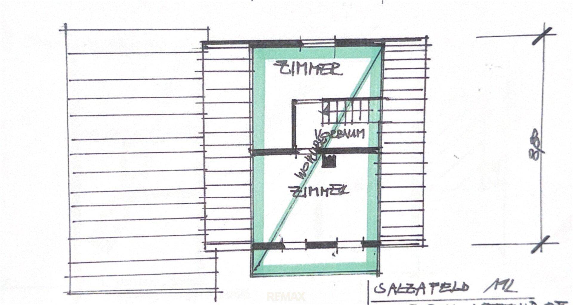 Handgezeichneter Grundriss einer oberen Etage mit zwei Zimmern und Treppenaufgang.