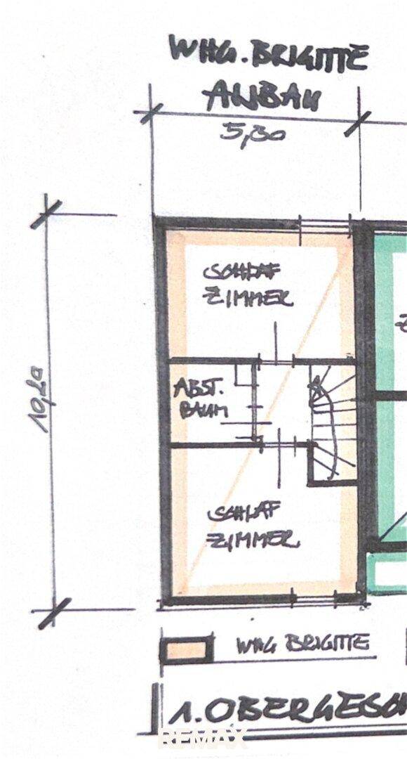 Handgezeichneter Grundriss der ersten oberen Etage mit Schlafzimmern und Abstellraum.