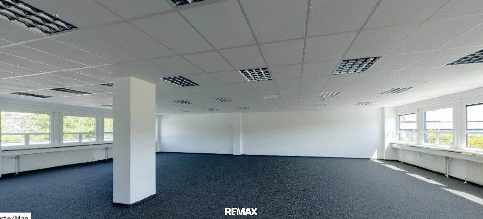 Helles, unmöbliertes Büro mit Teppichboden, großen Fenstern und moderner Deckenbeleuchtung.
