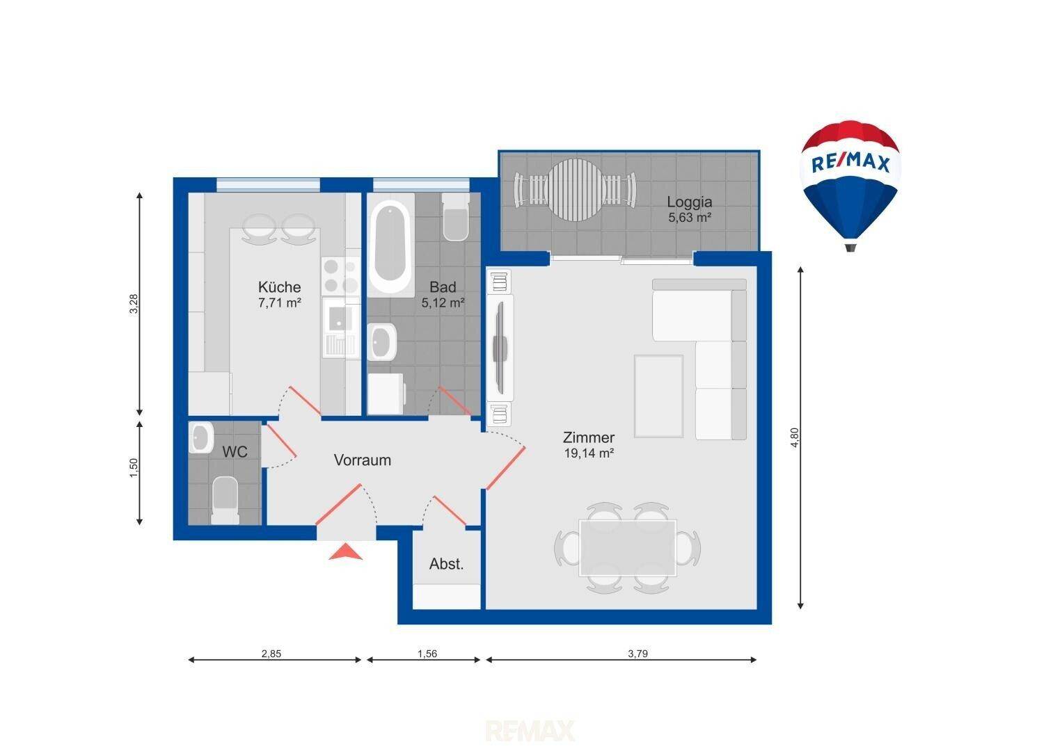 Grundriss der Wohnung mit Küche, Bad, WC, Zimmer und Loggia.