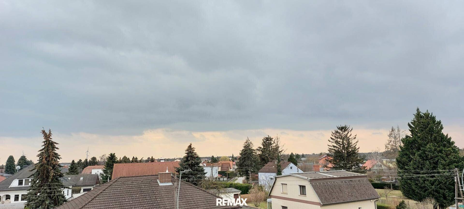 Weitläufiger Blick über Dächer und Bäume unter bewölktem Himmel.