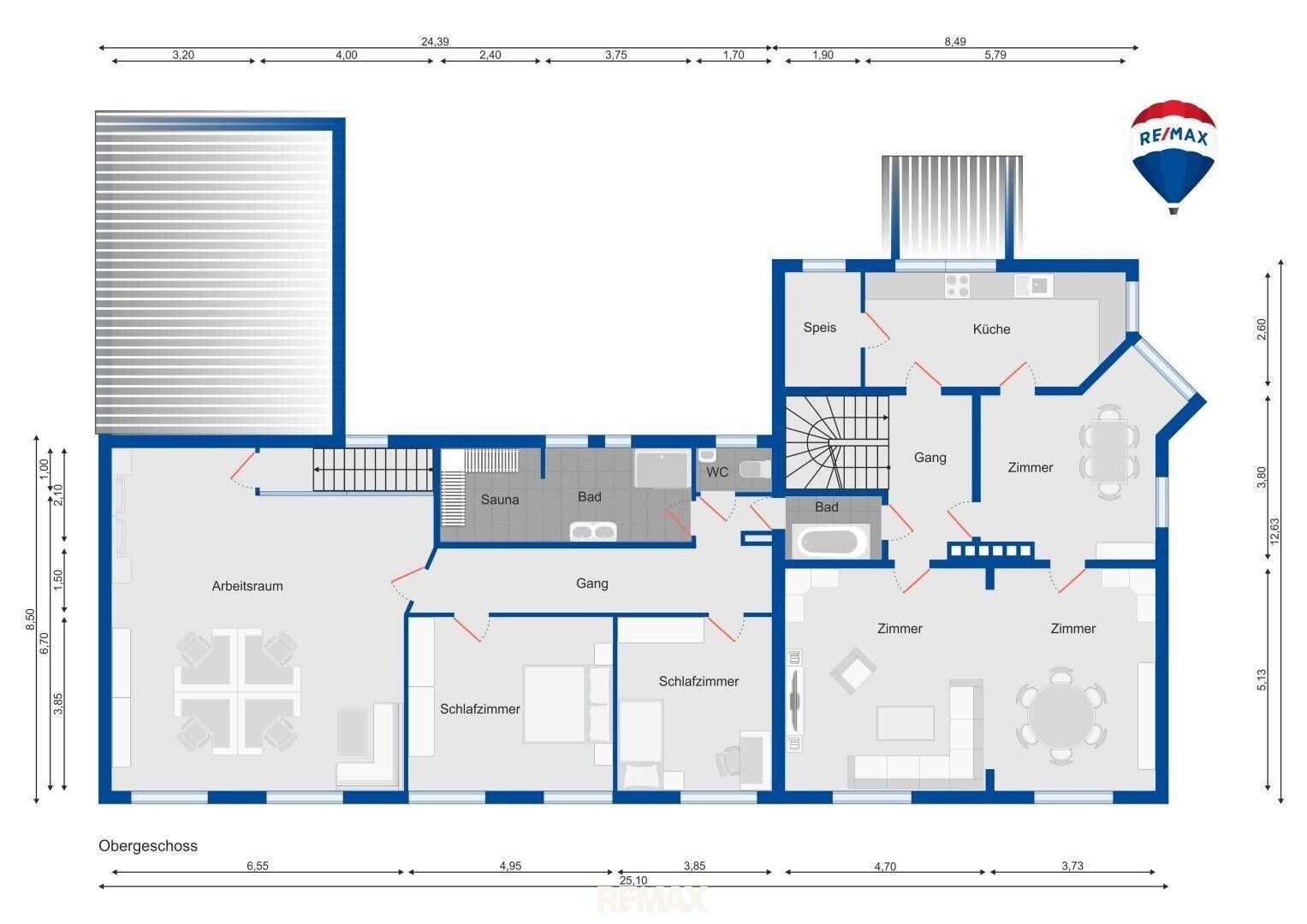 Grundriss des Obergeschosses mit Schlafzimmern, Arbeitsraum und Sauna.