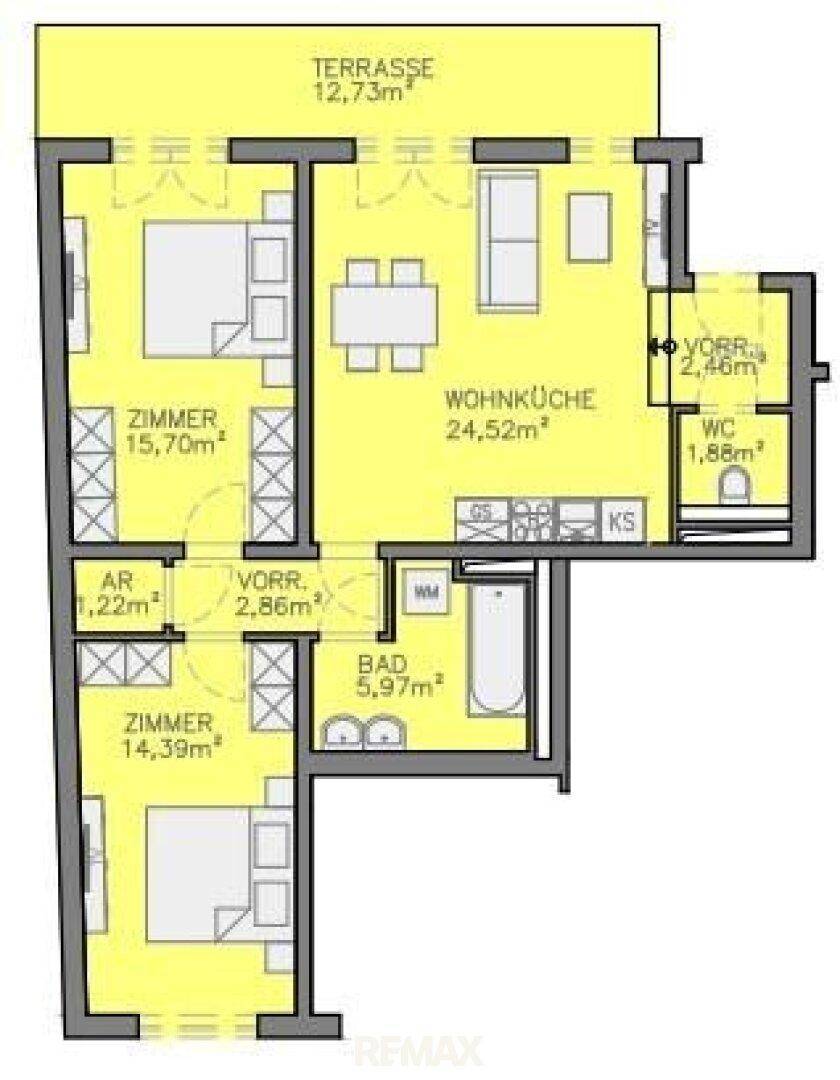 Detaillierter Grundriss mit drei Zimmern, Wohnküche, Bad, WC und Terrasse.