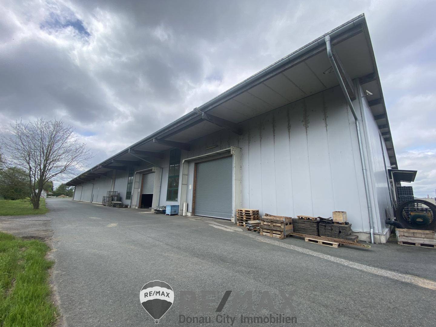 Seitenansicht der Lagerhalle mit Rolltor und Ladebereich, umgeben von einer asphaltierten Fläche.