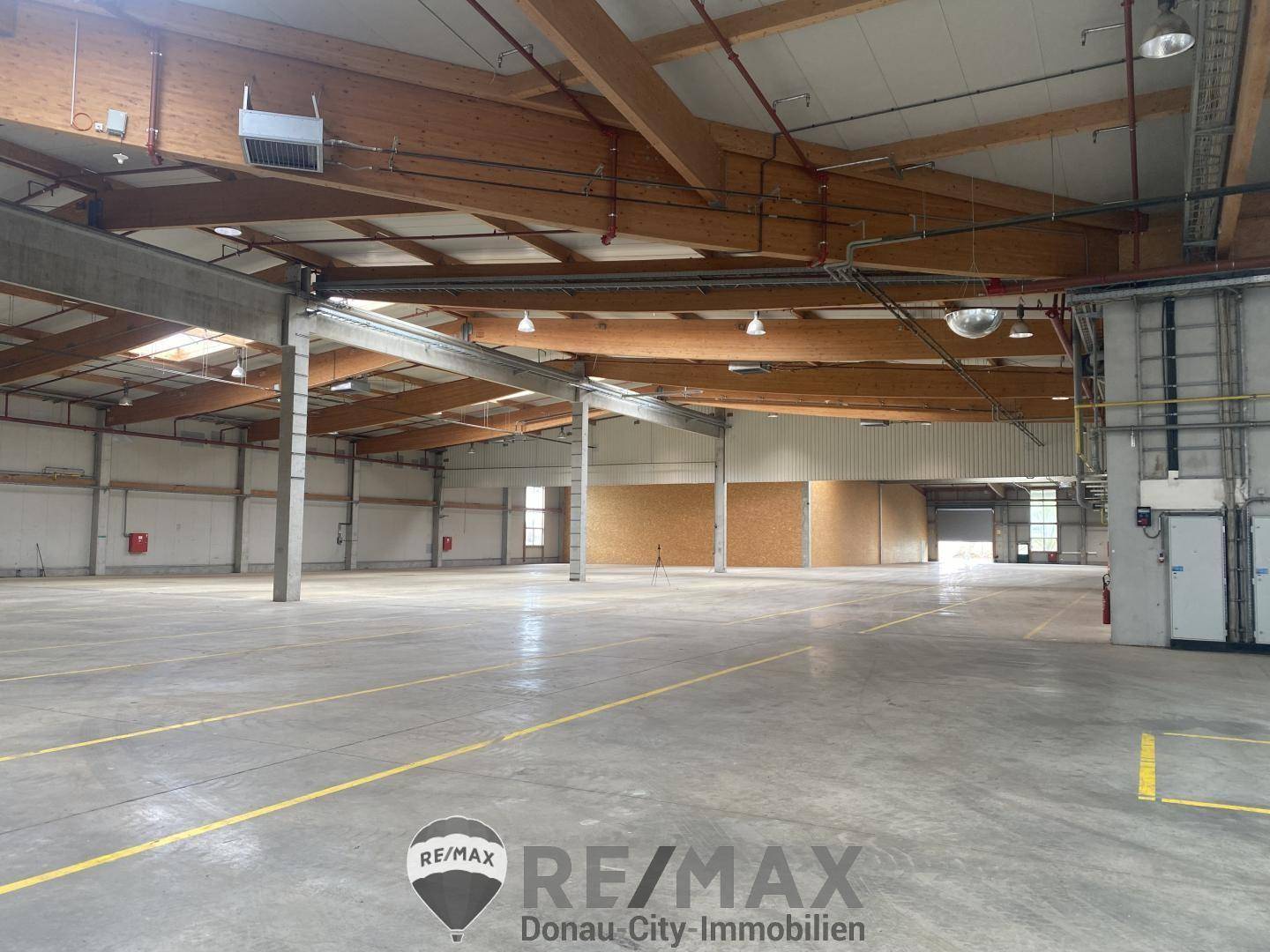 Weitläufige Lagerhalle mit hohen Decken, sichtbaren Holzbalken und Betonboden mit gelben Markierungen.