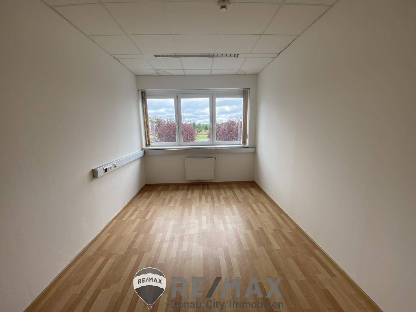 Kleiner Büroraum mit Holzboden, weißen Wänden und einem Fenster mit Blick ins Grüne.